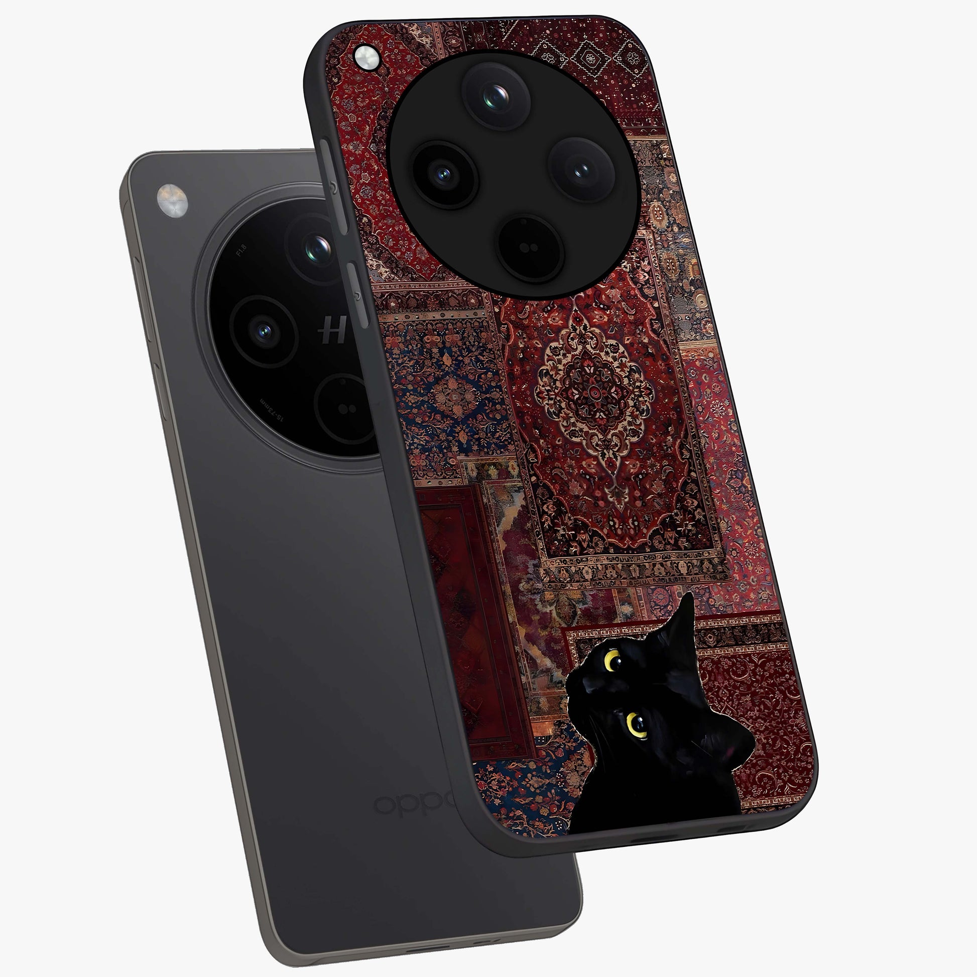 Regal Magic Cat Apple Glass Case displayed in angled mockup highlighting whimsical feline design with fantasy aesthetic.
