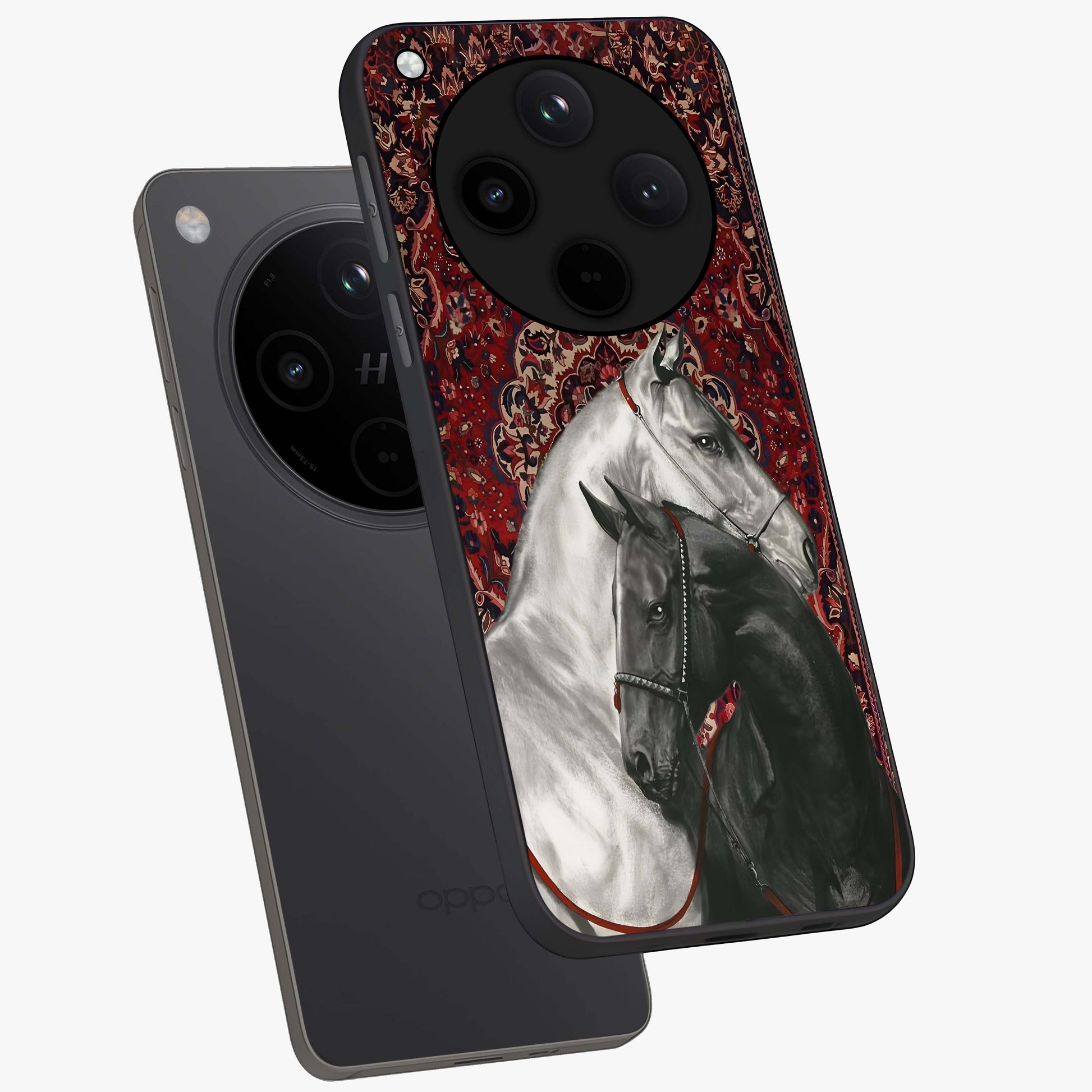Regal Stallion Tapestry Glass Case displayed in angled mockup highlighting royal stallion design with decorative heritage aesthetic.