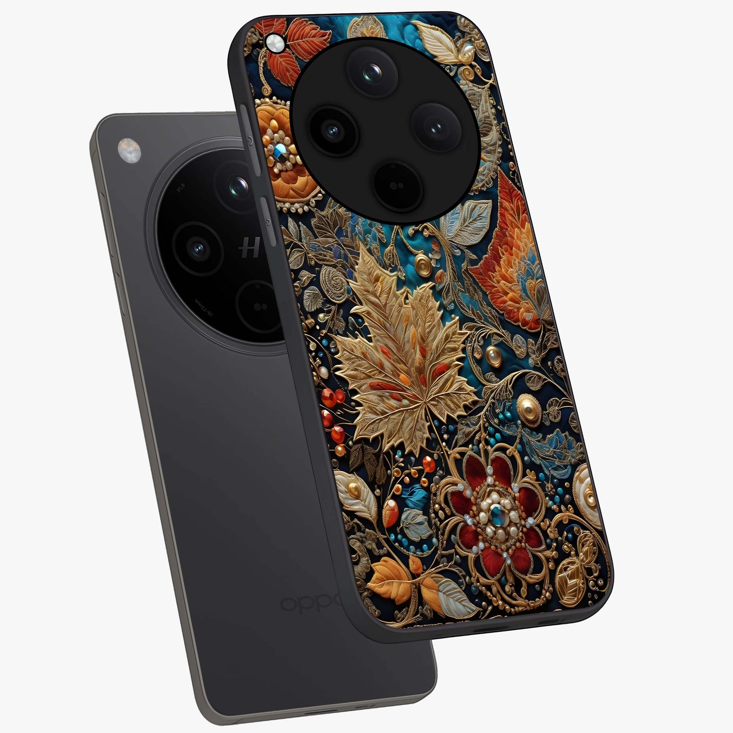 Royal Jewel Garden Glass Case displayed in angled mockup highlighting vibrant jewel inspired floral design with elegant aesthetic.