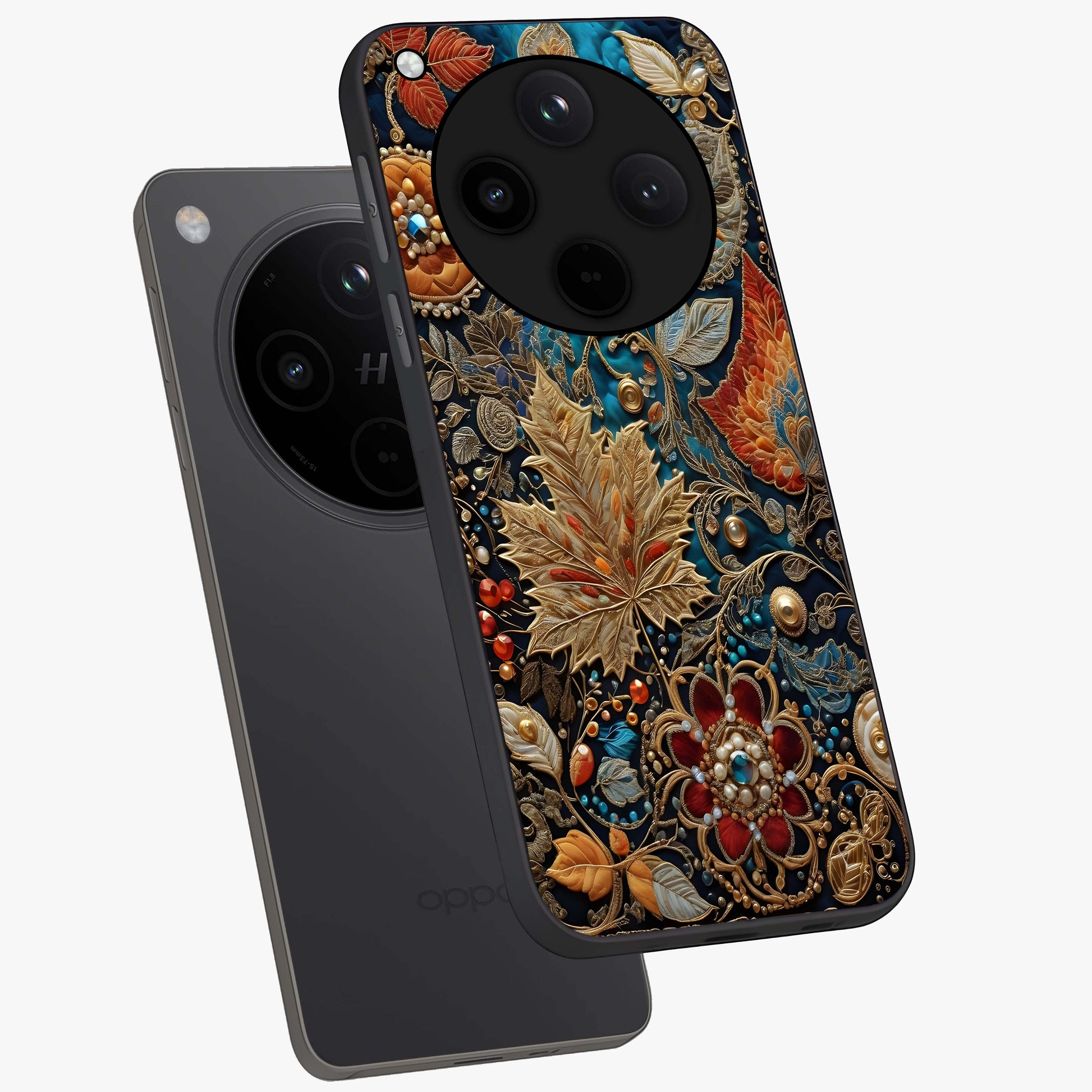 Royal Jewel Garden Glass Case displayed in angled mockup highlighting vibrant jewel inspired floral design with elegant aesthetic.