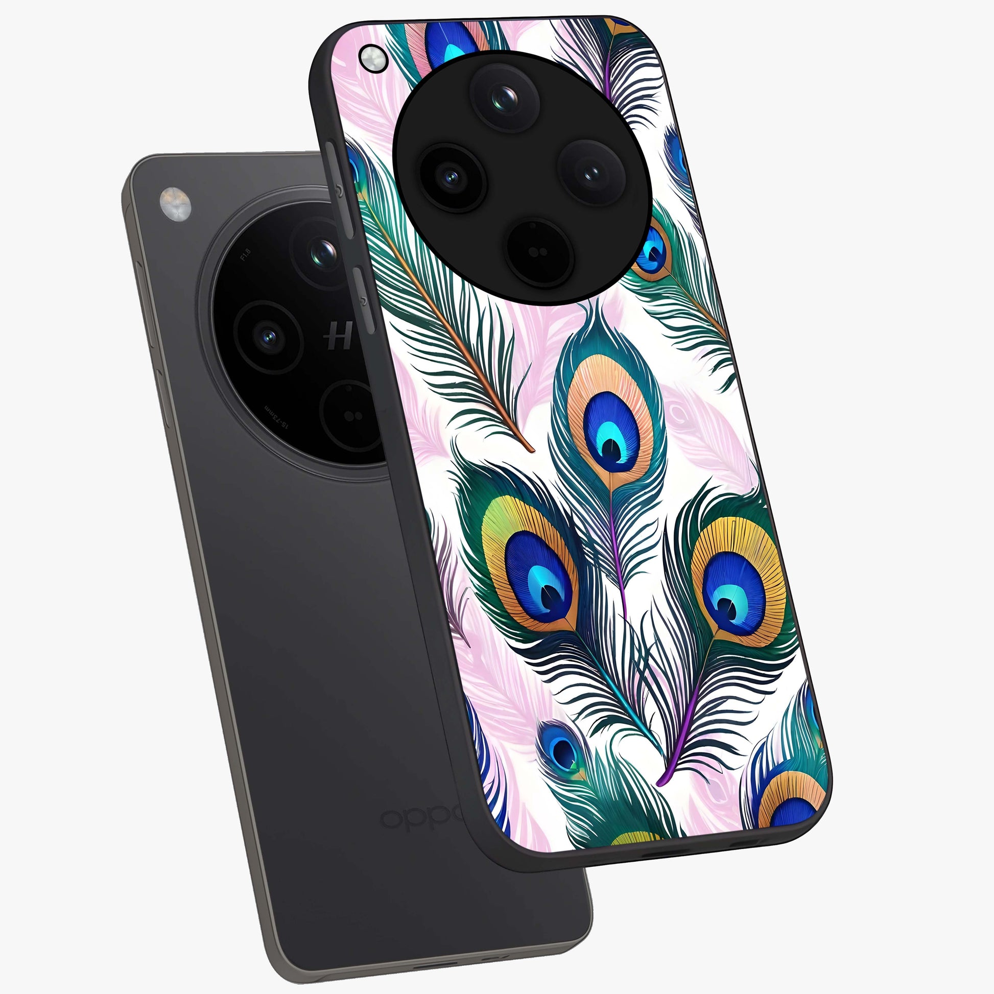 Royal Peacock Feathers Glass Case displayed in angled mockup highlighting vibrant feather pattern with regal aesthetic style.