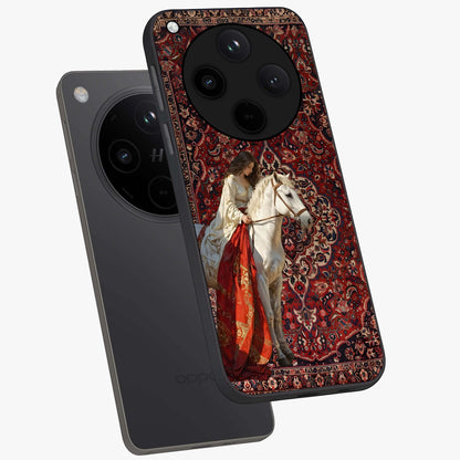 Royal Rider Tapestry Glass Case displayed in angled mockup highlighting traditional tapestry design with royal heritage aesthetic.