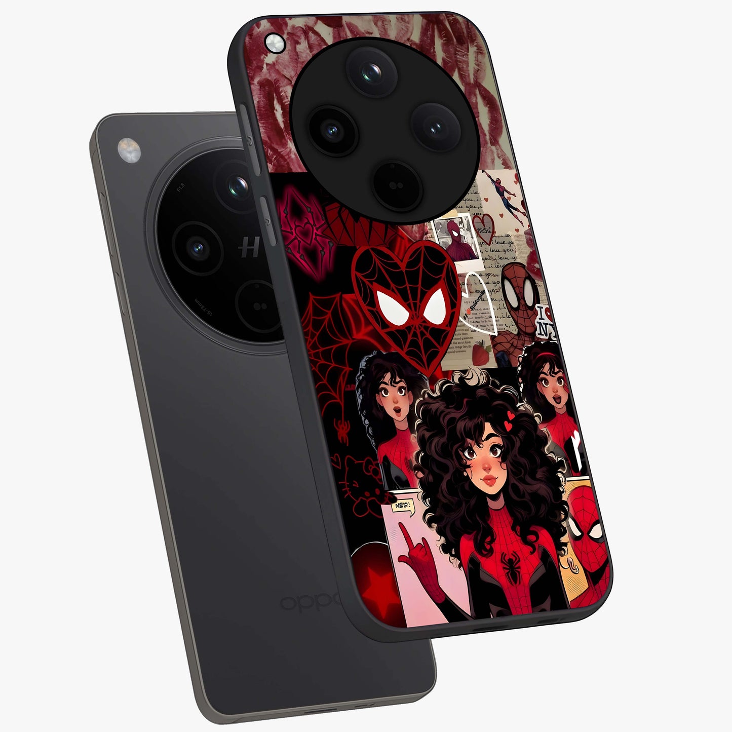 Spider Love Story Glass Case displayed in angled mockup highlighting expressive comic inspired design with playful aesthetic.