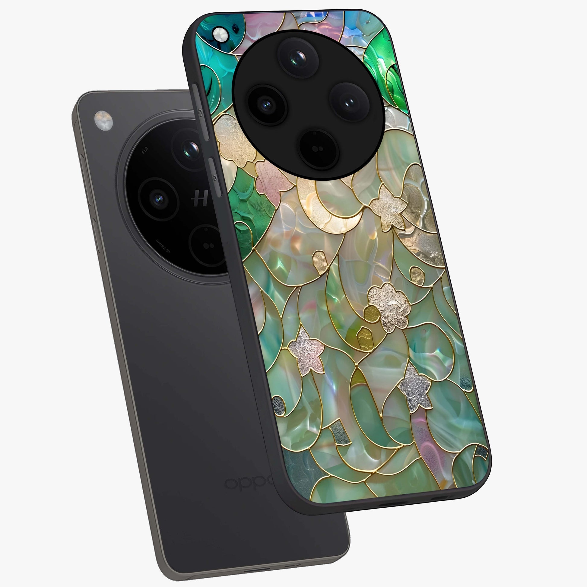 Stained Sunrise Glow Glass Case displayed in angled mockup highlighting radiant sunrise design with artistic aesthetic style.
