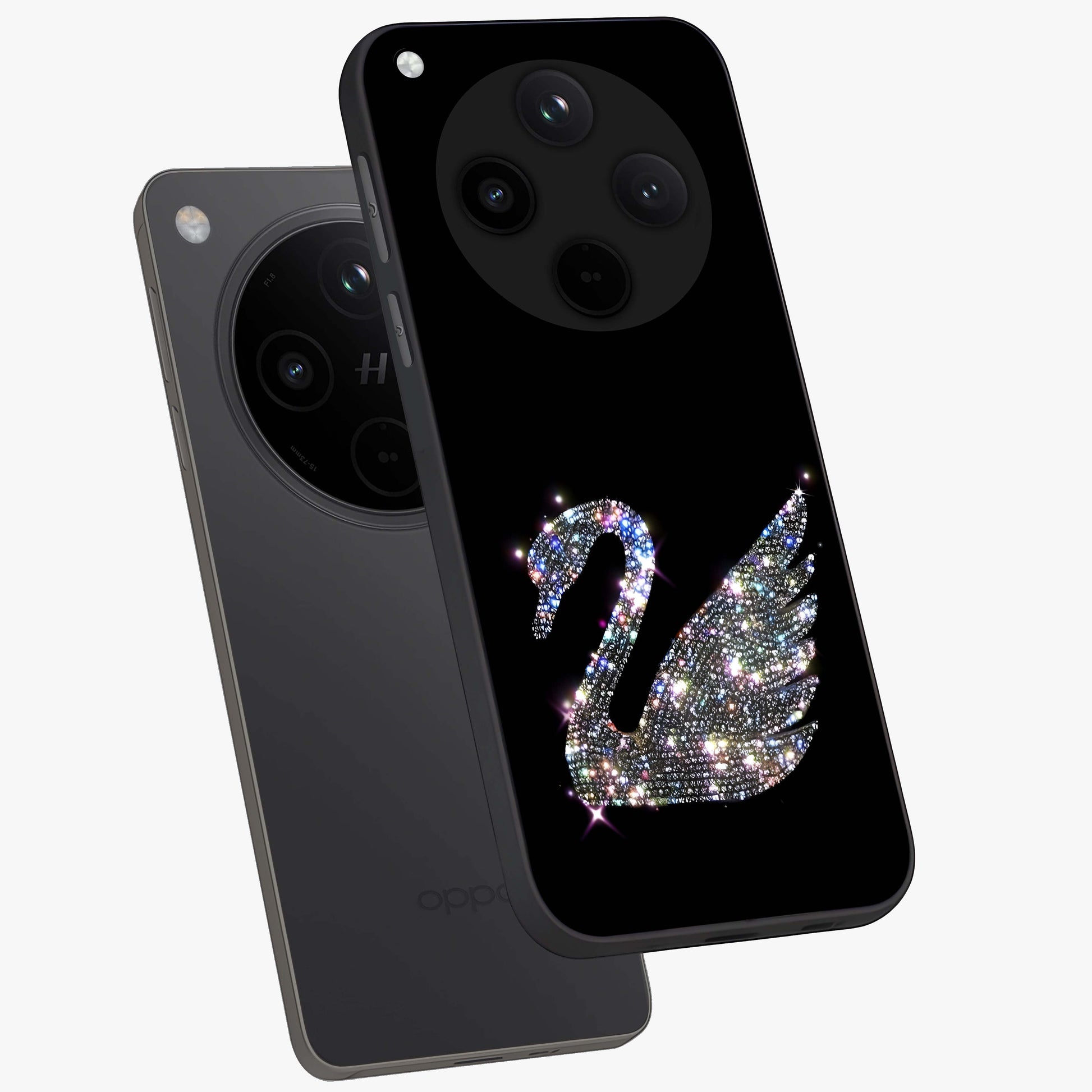 Starlit Swan Grace Glass Case displayed in angled mockup highlighting elegant swan illustration with dreamy celestial aesthetic.