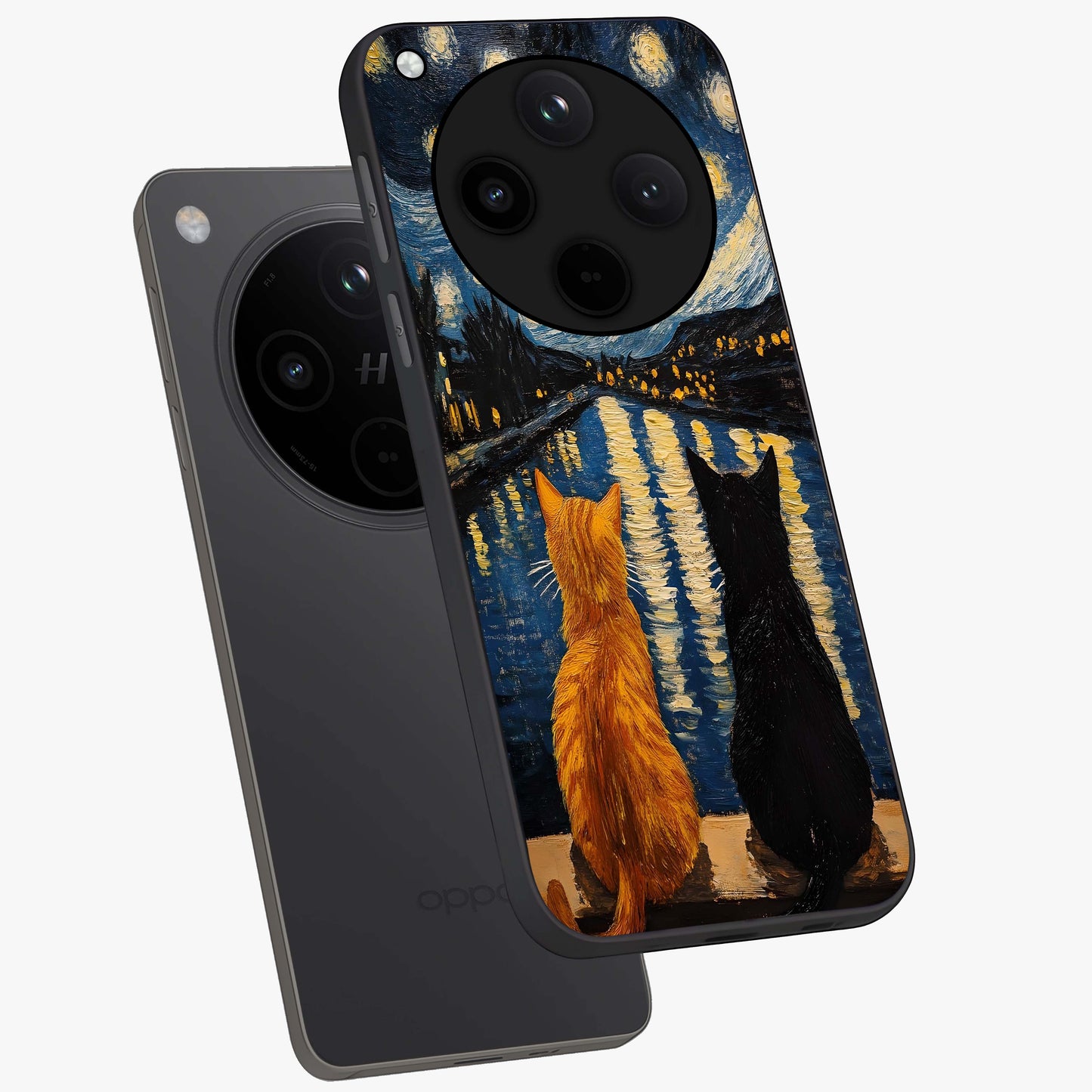 Starry River Cats Glass Case displayed in angled mockup highlighting charming feline illustration with dreamy night aesthetic.