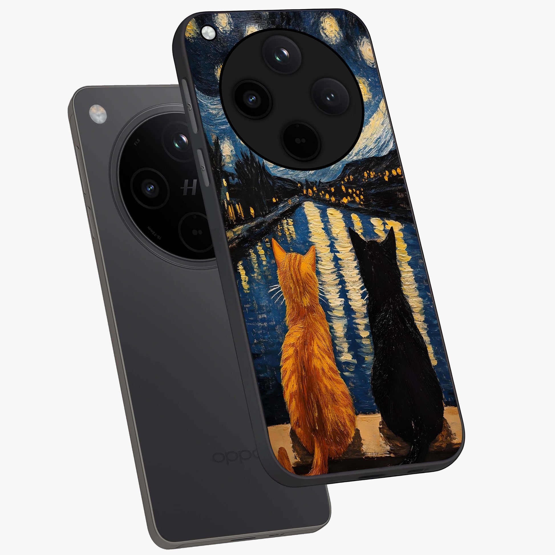 Starry River Cats Glass Case displayed in angled mockup highlighting charming feline illustration with dreamy night aesthetic.