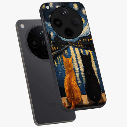 Starry River Cats Glass Case displayed in angled mockup highlighting charming feline illustration with dreamy night aesthetic.