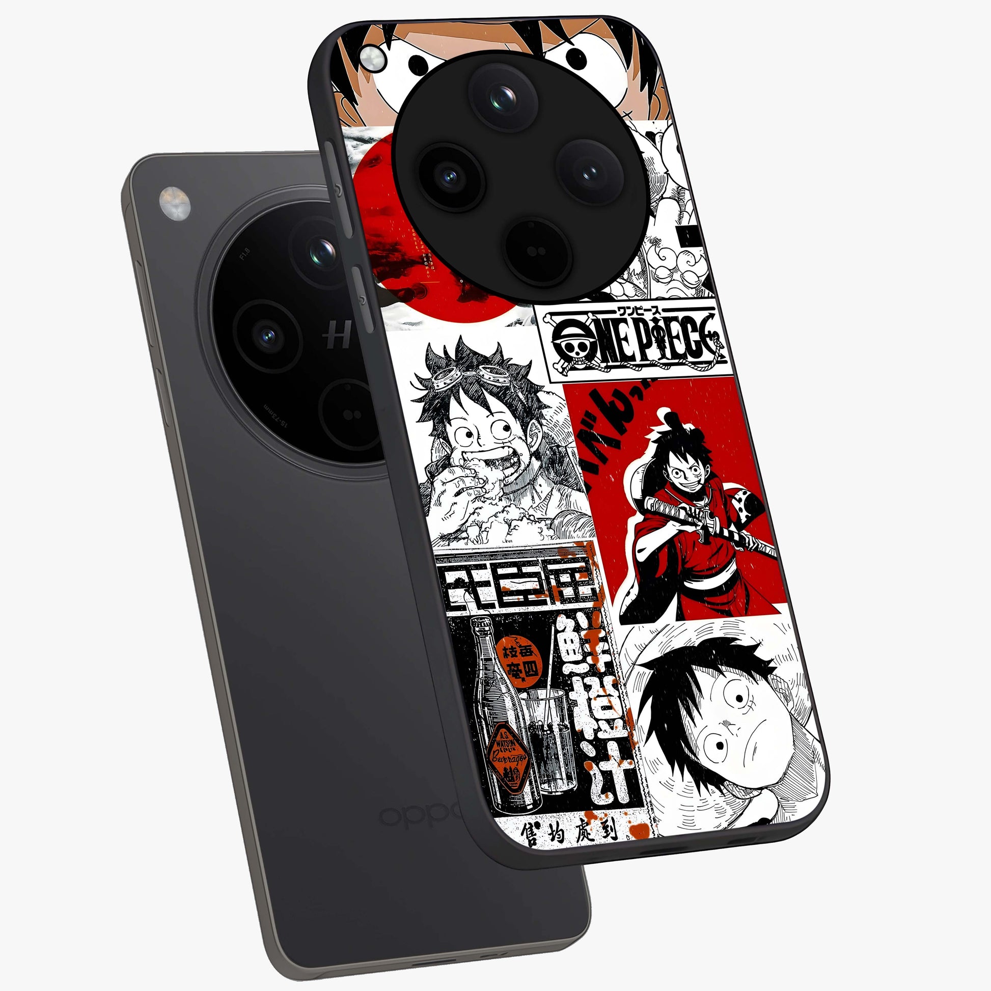 Strawhat Chaos Panels Glass Case displayed in angled mockup highlighting vibrant anime collage design with action aesthetic.
