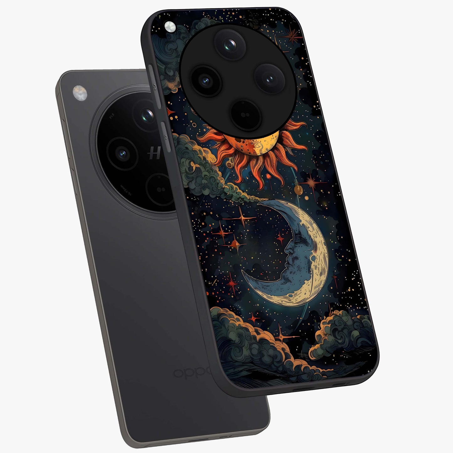 Sun And Moon Magic Design Glass Case displayed in angled mockup highlighting celestial design with magical cosmic aesthetic.