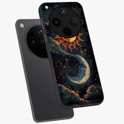Sun And Moon Magic Design Glass Case displayed in angled mockup highlighting celestial design with magical cosmic aesthetic.