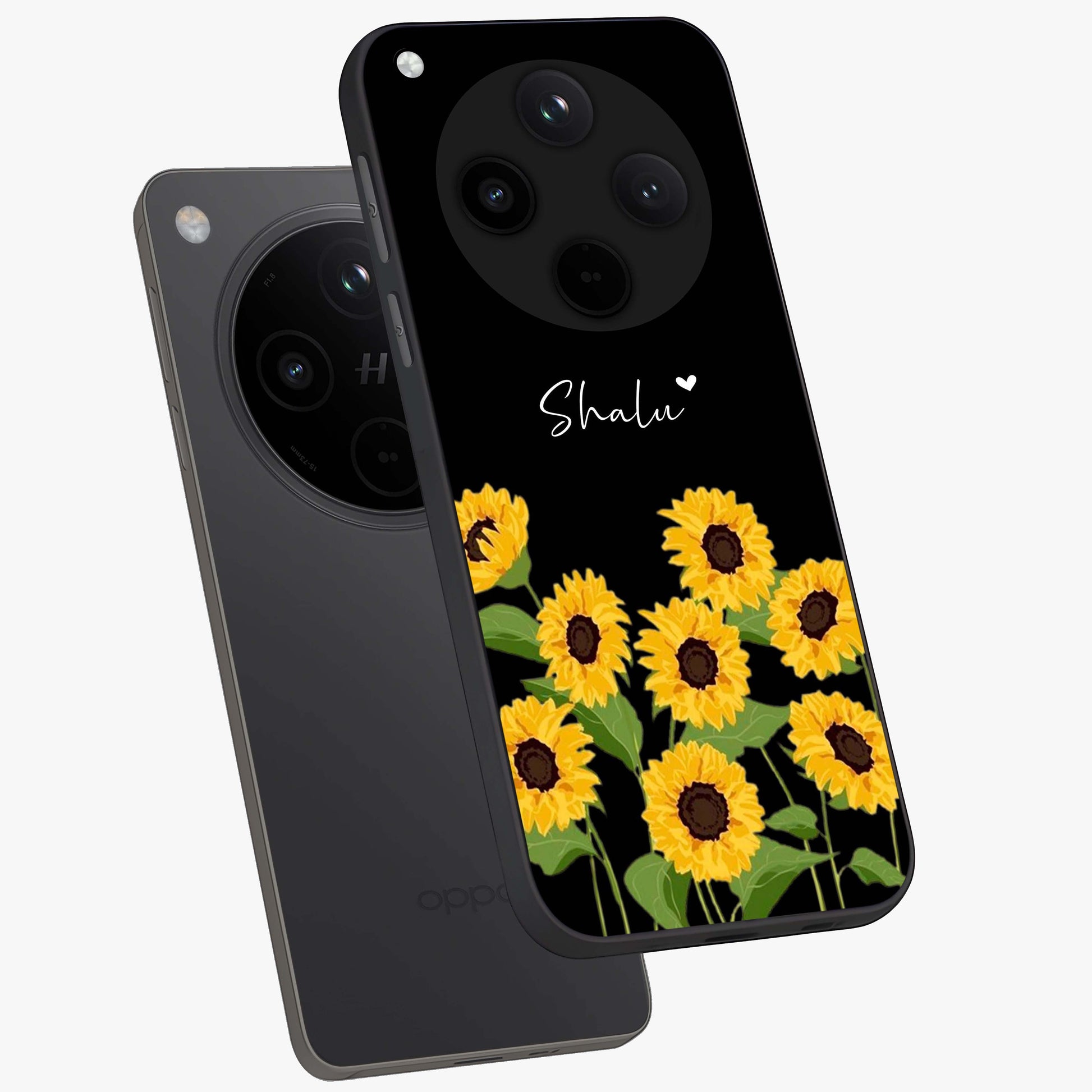 Sunflower Chic Mood Custom Name Glass Case displayed in angled mockup highlighting vibrant sunflower design with custom name feature.