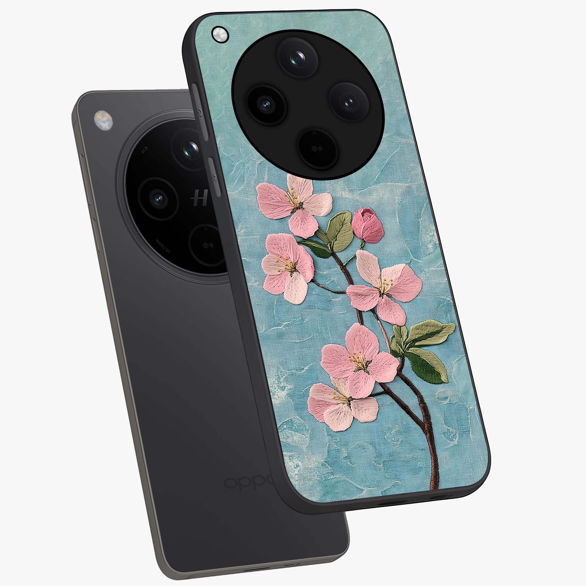 Threaded Blossom Breeze Glass Case displayed in angled mockup highlighting elegant floral design with soft aesthetic style.
