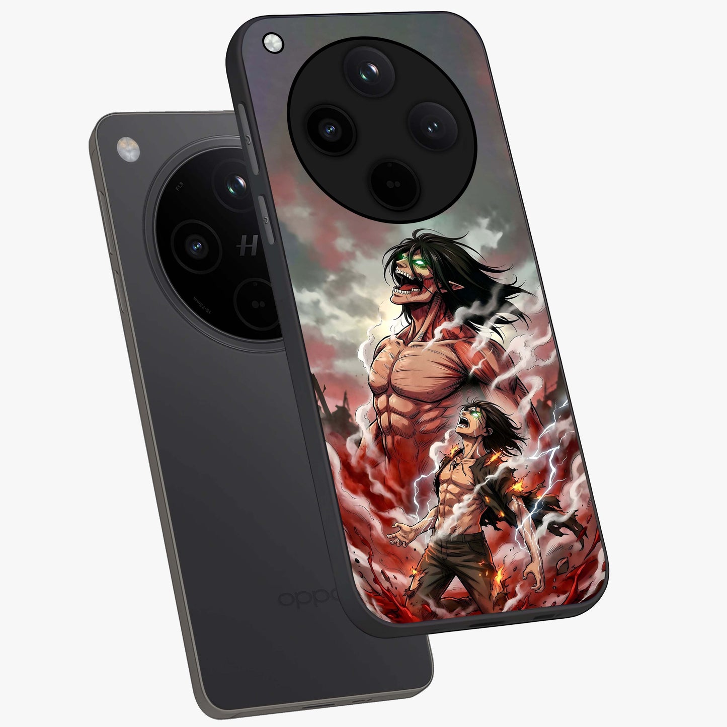 Titan Awakening Fury Glass Case displayed in angled mockup highlighting dramatic giant warrior design with bold anime aesthetic.