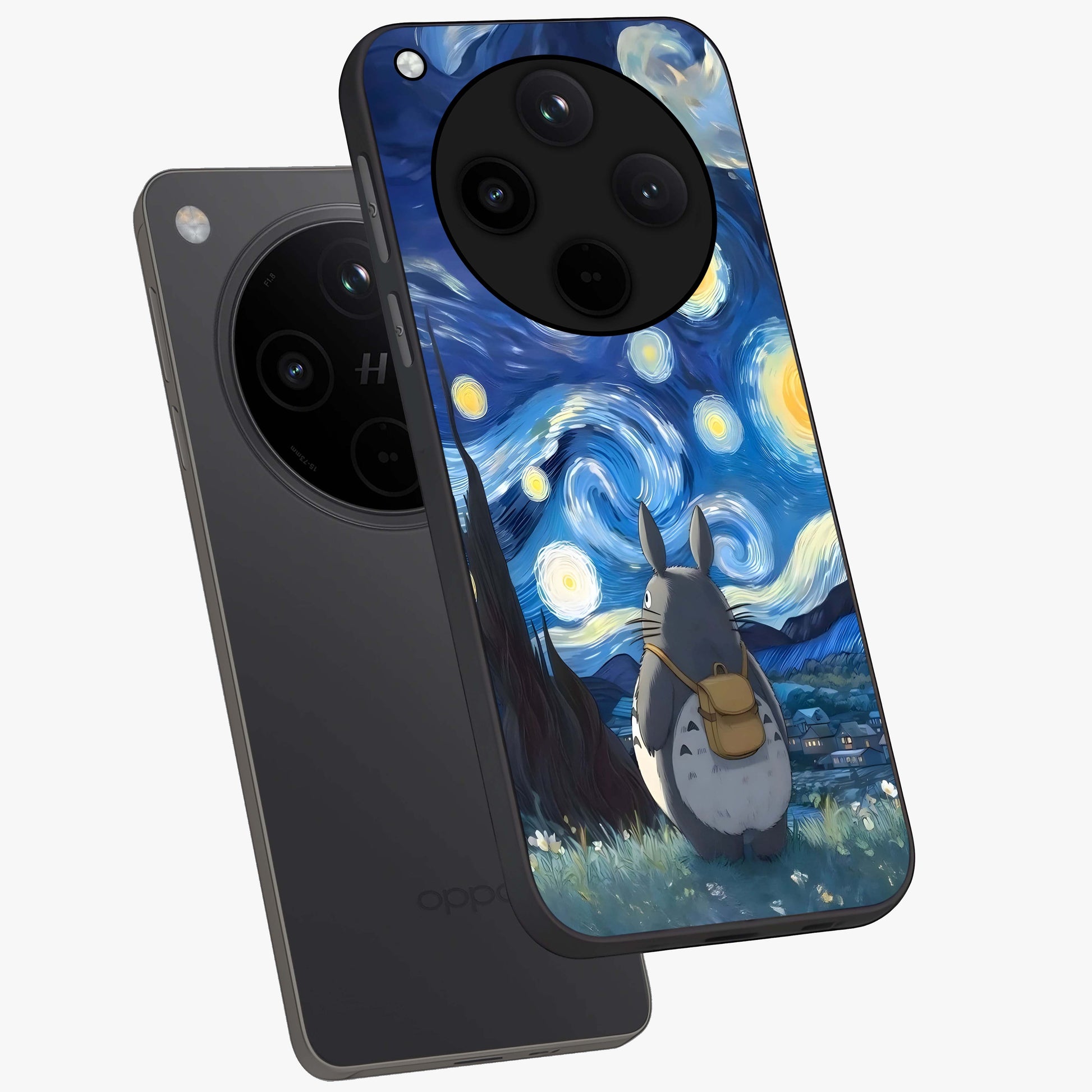 Totoro In Van Gogh Art Glass Case displayed in angled mockup highlighting artistic swirling sky design with playful animation aesthetic.