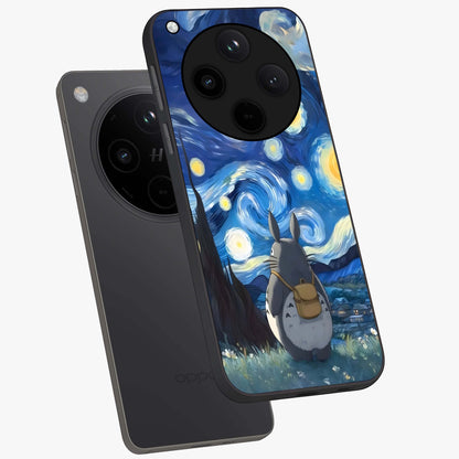 Totoro In Van Gogh Art Glass Case displayed in angled mockup highlighting artistic swirling sky design with playful animation aesthetic.