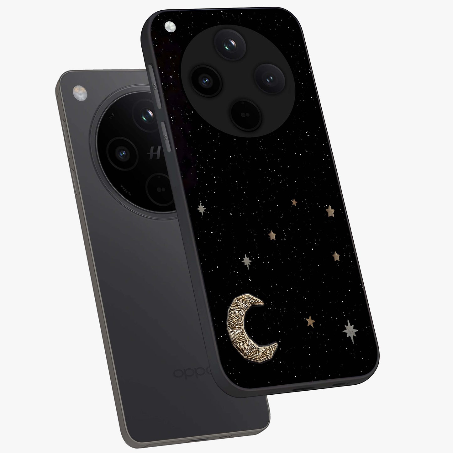 Twinkle Star With Half Moon Glass Case displayed in angled mockup highlighting celestial moon and star design with magical aesthetic.