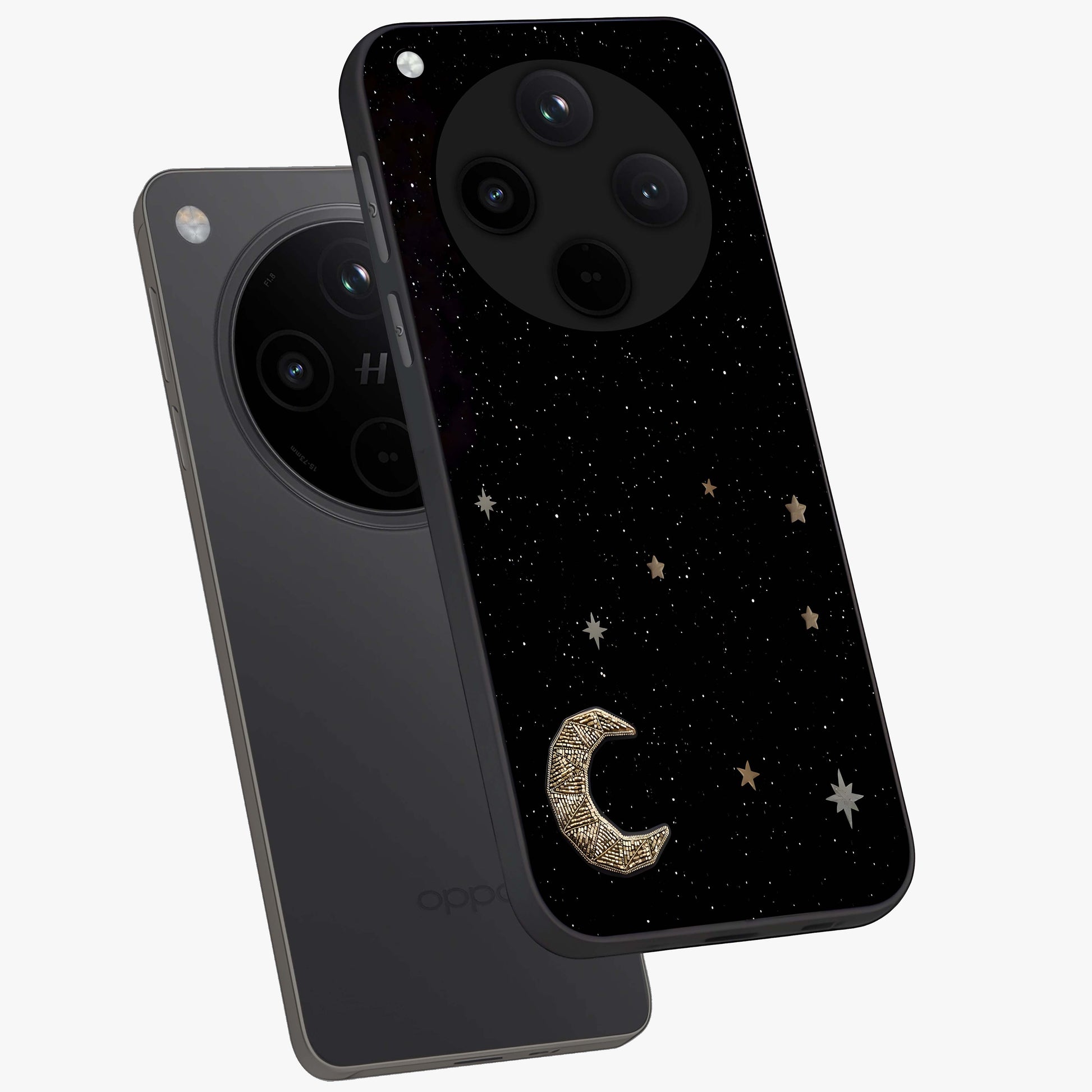 Twinkle Star With Half Moon Glass Case displayed in angled mockup highlighting celestial moon and star design with magical aesthetic.