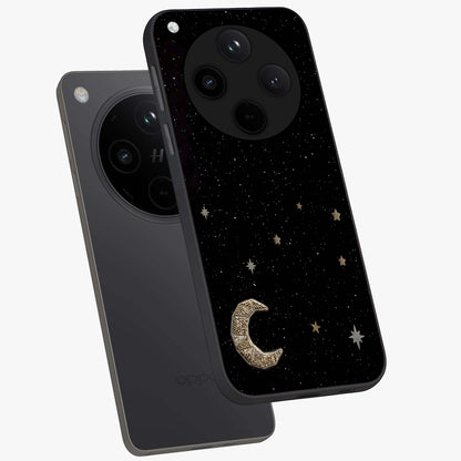 Twinkle Star With Half Moon Glass Case displayed in angled mockup highlighting celestial moon and star design with magical aesthetic.