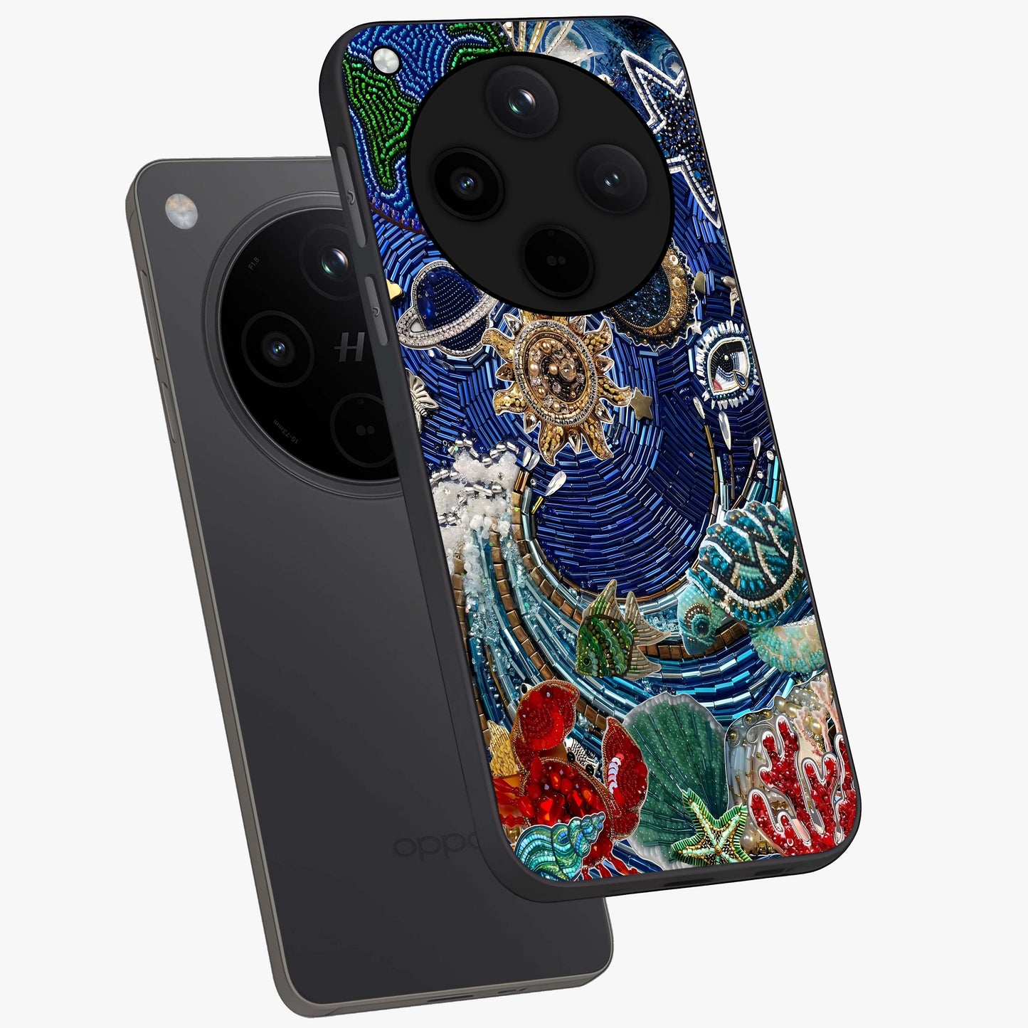 Universe Underwater Spark Glass Case displayed in angled mockup highlighting glowing aquatic design with celestial aesthetic.