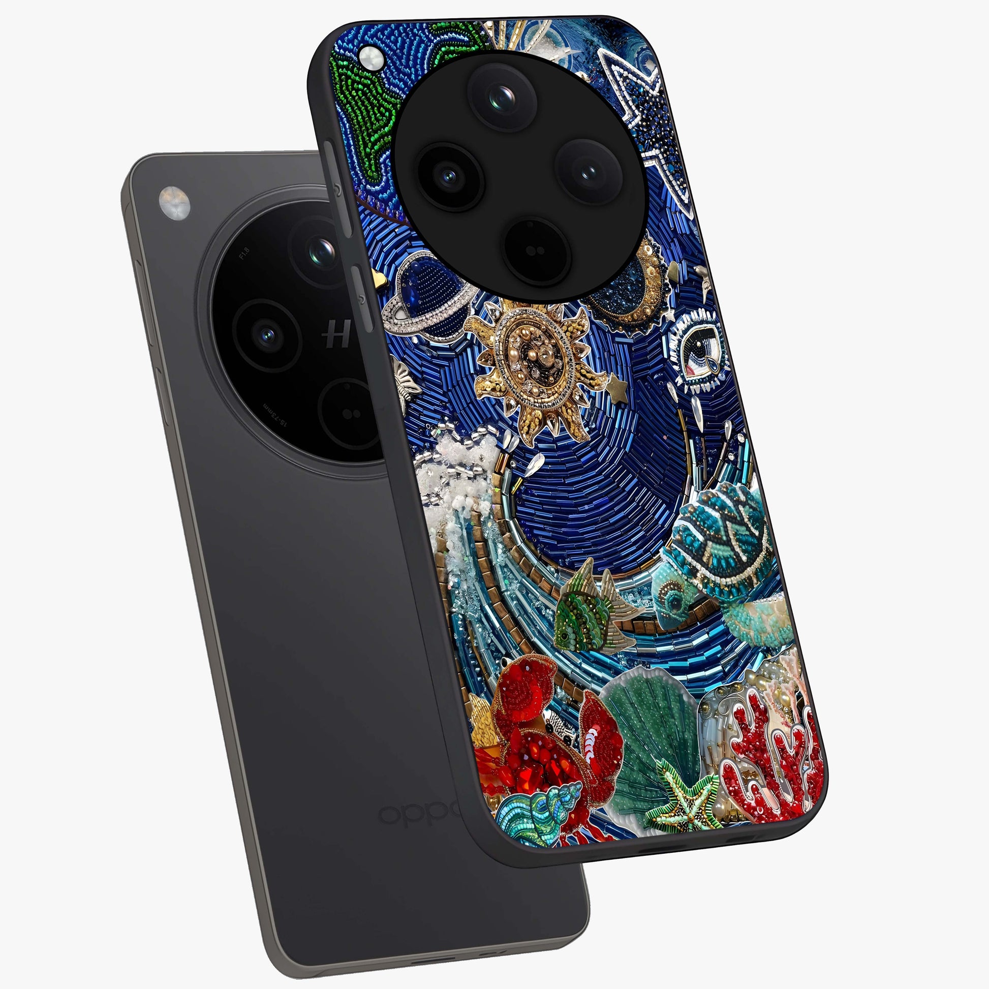 Universe Underwater Spark Glass Case displayed in angled mockup highlighting glowing aquatic design with celestial aesthetic.