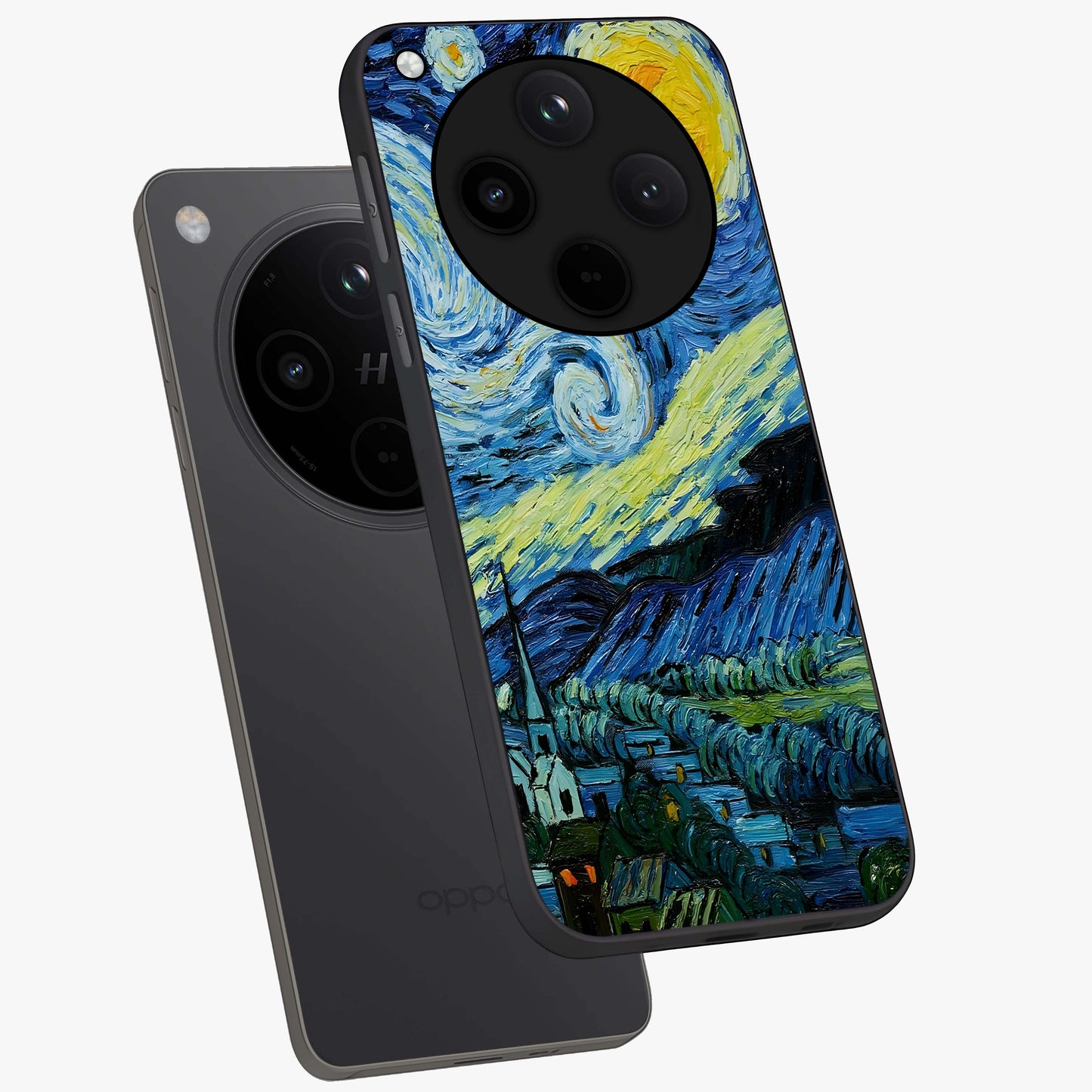 Van Gogh Art Glass Case displayed in angled mockup highlighting swirling brushstroke design with artistic aesthetic.