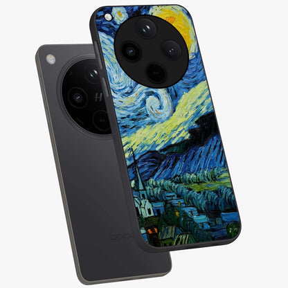 Van Gogh Art Glass Case displayed in angled mockup highlighting swirling brushstroke design with artistic aesthetic.