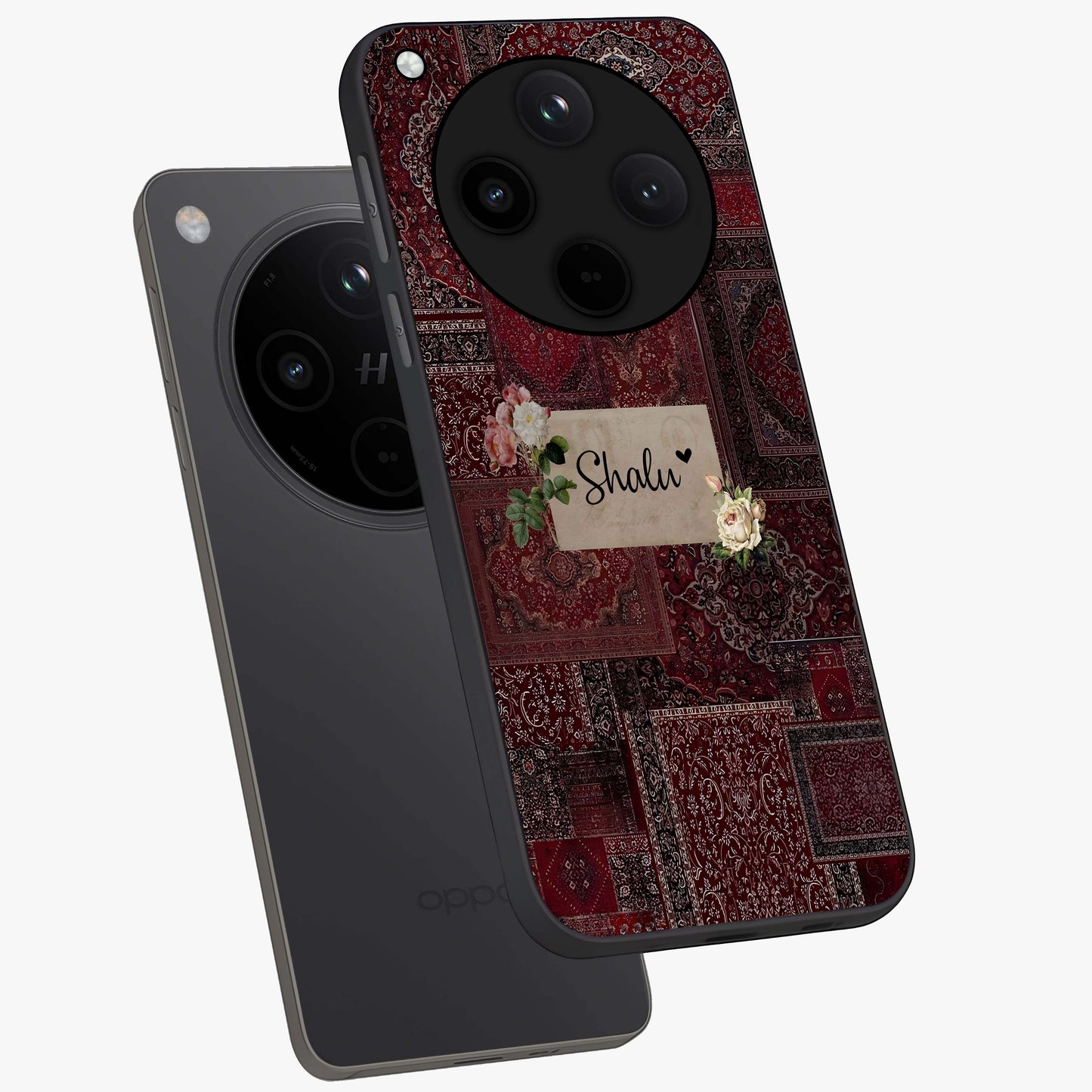 Velvet Wine Pattern Custom Name Glass Case displayed in angled mockup highlighting decorative velvet inspired design with custom name feature.