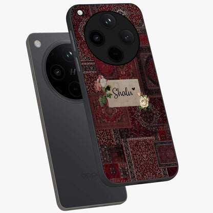 Velvet Wine Pattern Custom Name Glass Case displayed in angled mockup highlighting decorative velvet inspired design with custom name feature.