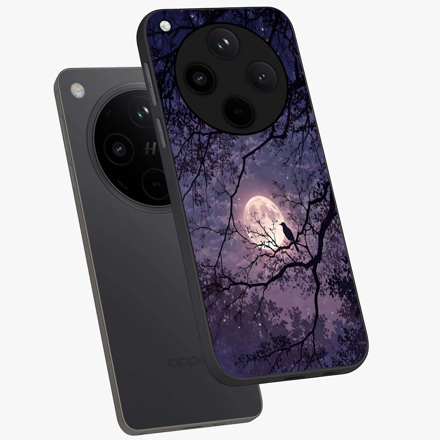 Whispering Moon Silence Glass Case displayed in angled mockup highlighting calm lunar design with dreamy night aesthetic.
