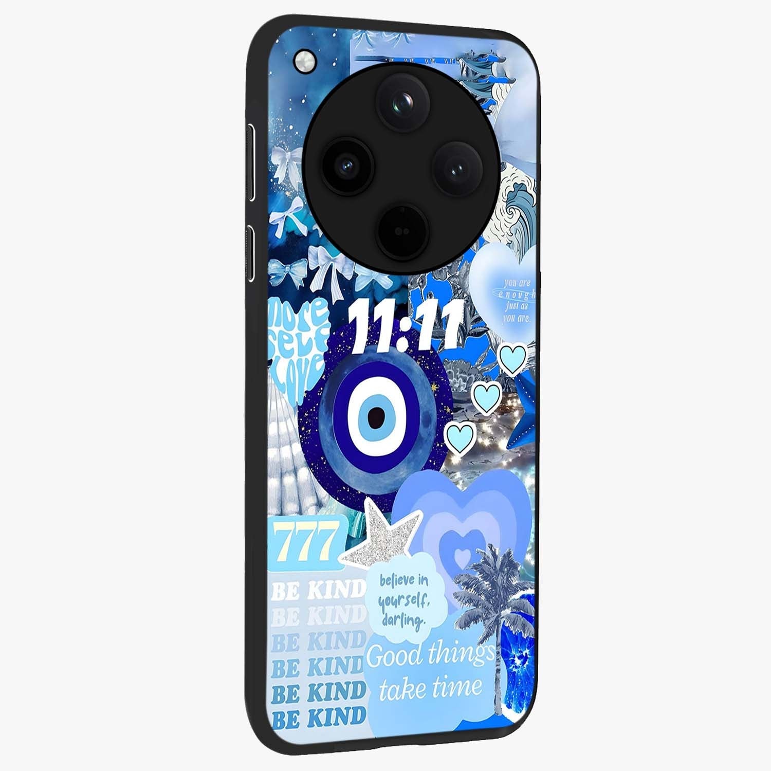 Aesthetic Be Kind Eye Glass Case upright view showcasing stylish eye illustration with positive message theme.