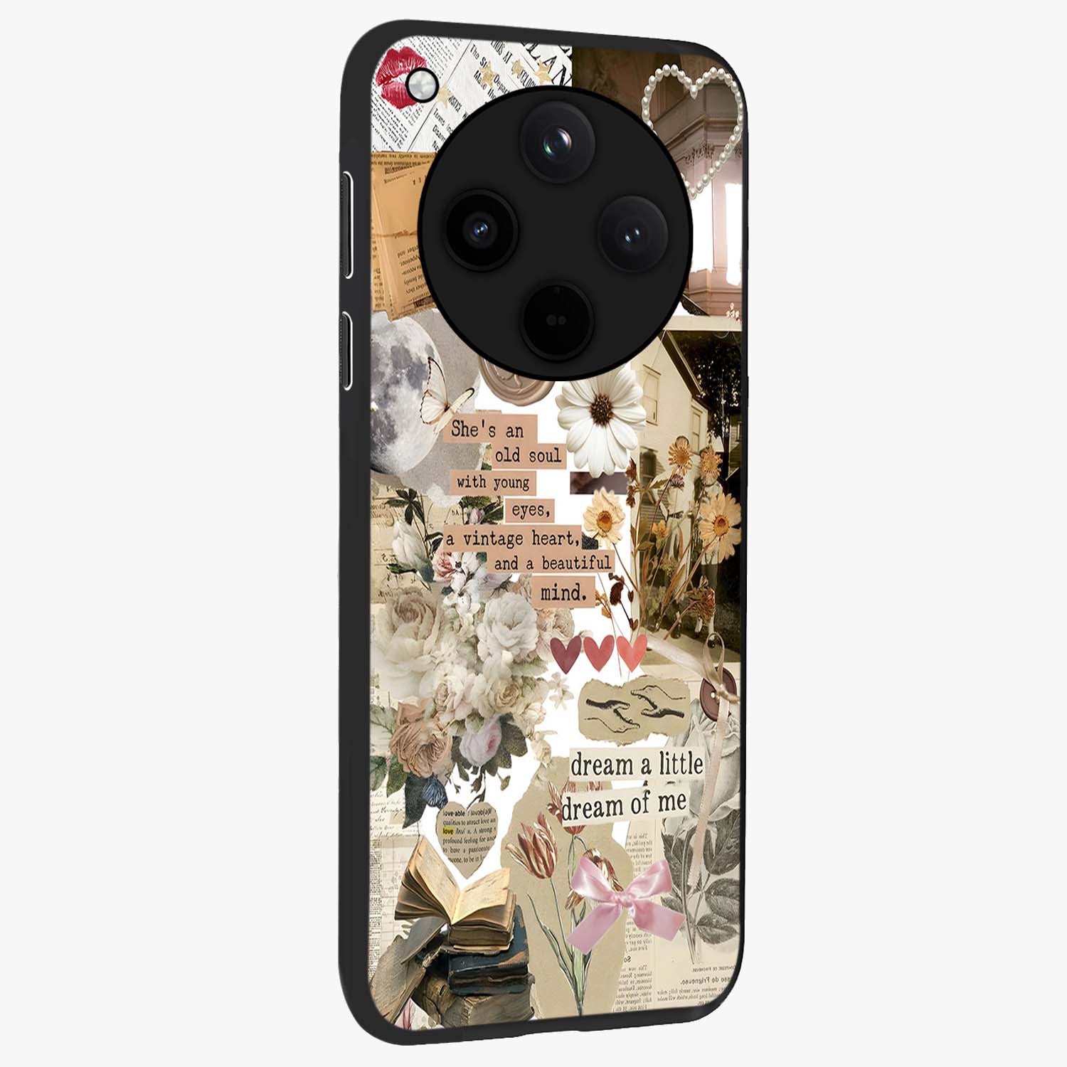 Aesthetic Brown Vintage Collage Glass Case upright view showcasing nostalgic retro artwork with stylish vintage theme.