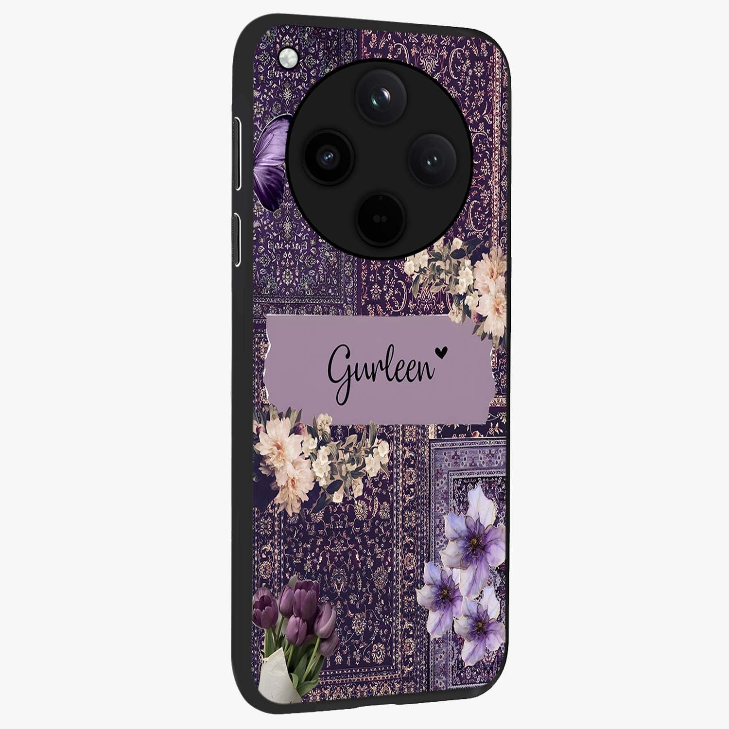 Antique Floral Whisper Custom Name Glass Case upright view showcasing delicate floral artwork with custom name feature.