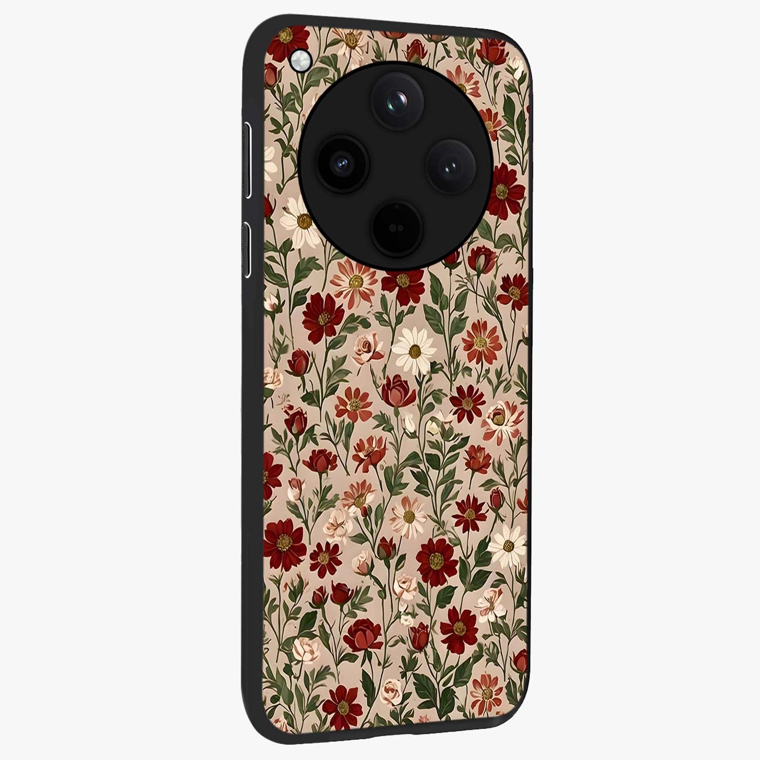 Biege Flower With Leaf Glass Case upright view showcasing delicate beige flower illustration with clean botanical style.