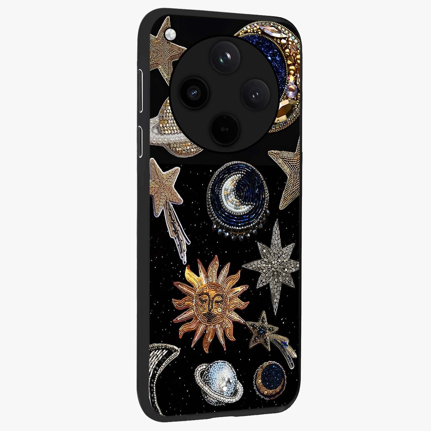Celestial Gem Constellations Glass Case upright view showcasing cosmic constellation artwork with celestial aesthetic style.