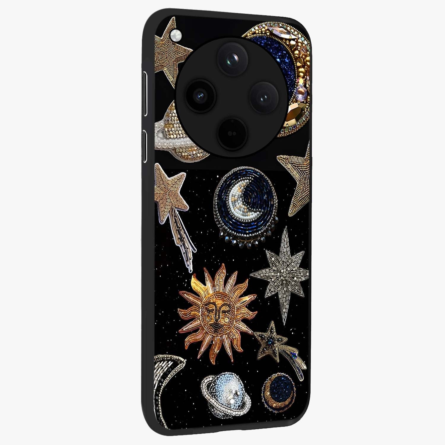 Celestial Gem Constellations Glass Case upright view showcasing cosmic constellation artwork with celestial aesthetic style.