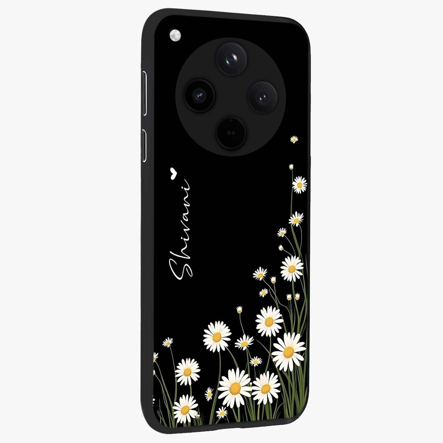 Daisy Cascade Custom Name Glass Case upright view showcasing elegant floral cascade design with personalized aesthetic.