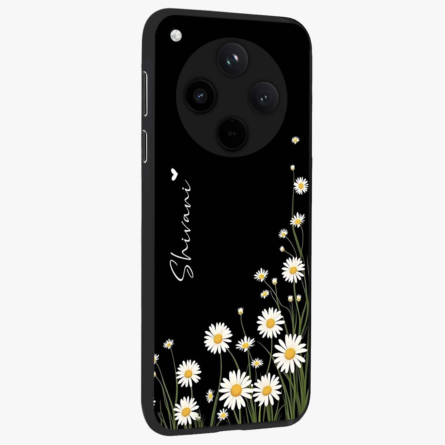 Daisy Cascade Custom Name Glass Case upright view showcasing elegant floral cascade design with personalized aesthetic.