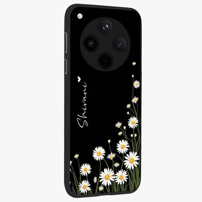 Daisy Cascade Custom Name Glass Case upright view showcasing elegant floral cascade design with personalized aesthetic.