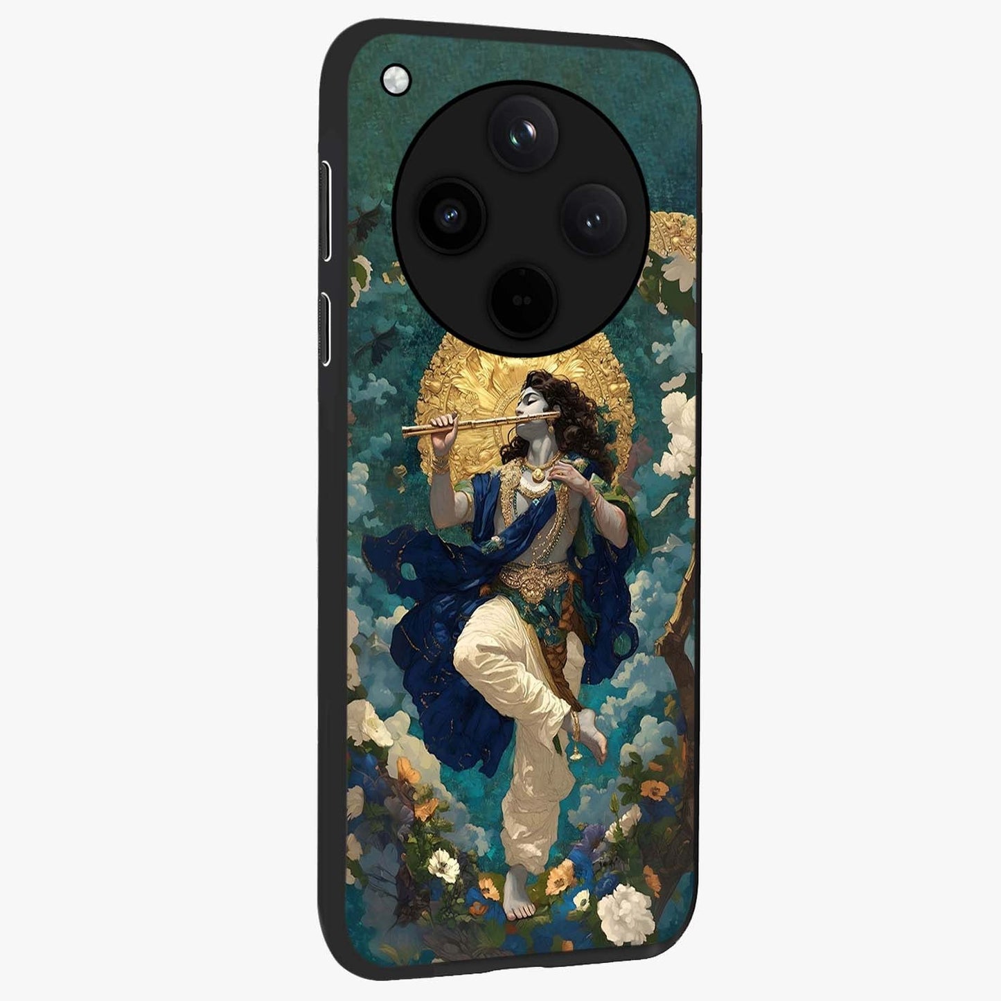 Divine Krishna Art Glass Case upright view showcasing divine Krishna artwork with sacred artistic theme.