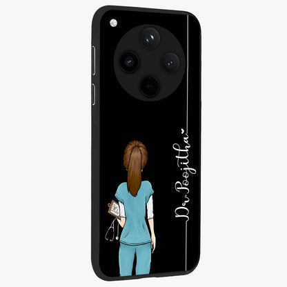 Doctor Pattern Custom Name Glass Case upright view showcasing healthcare themed design with personalized aesthetic.