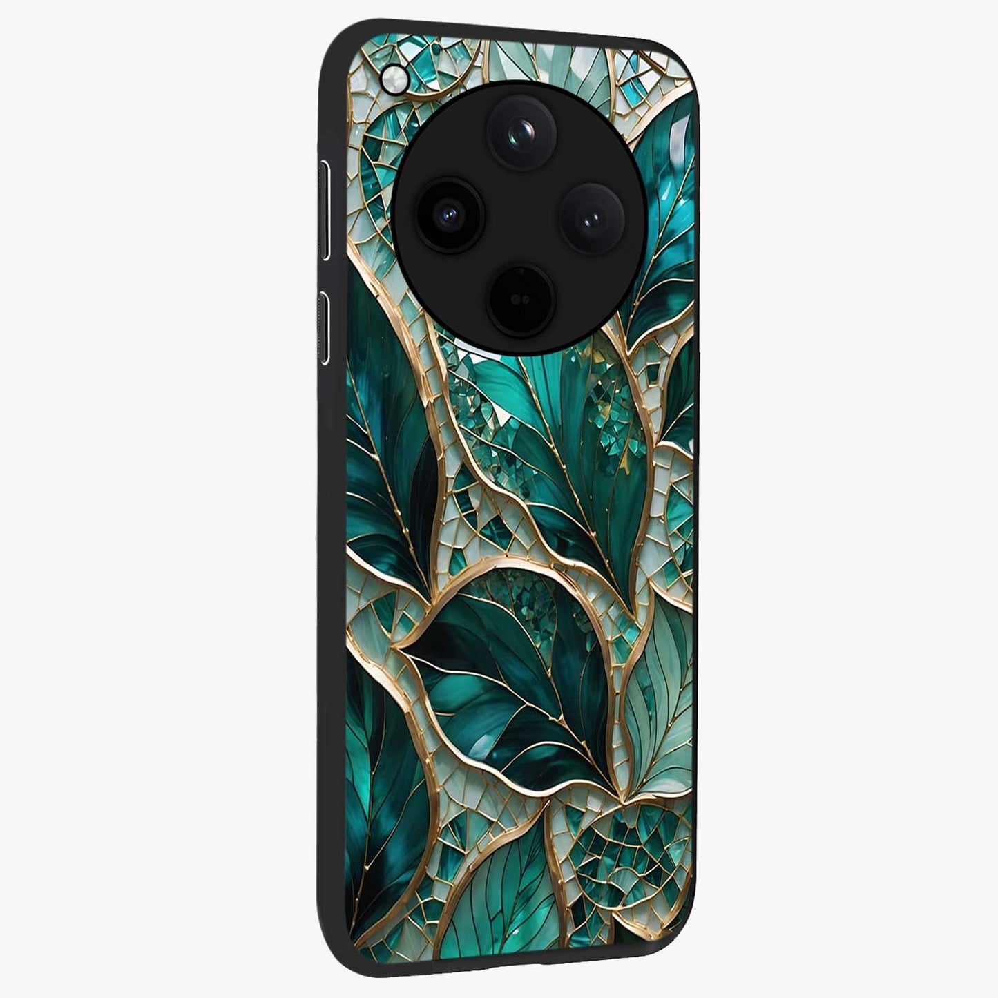Emerald Leaf Glass Glass Case upright view showcasing fresh green leaf artwork with calming nature inspired style.