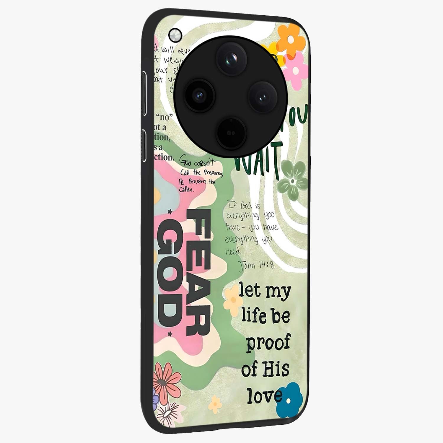 Faith Over Fear Glass Case upright view showcasing bold typography artwork with uplifting motivational theme.