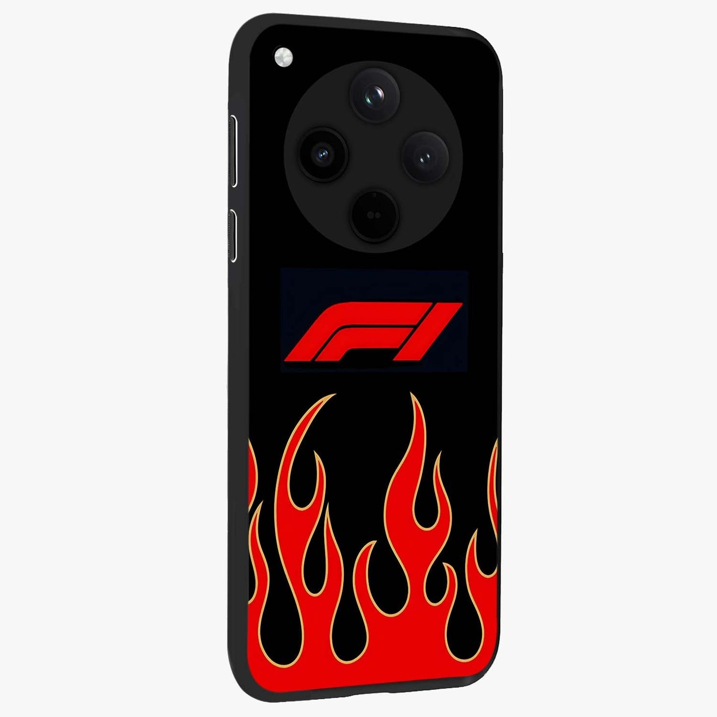Fire F11 Glass Case upright view showcasing dynamic flame artwork with intense visual theme.