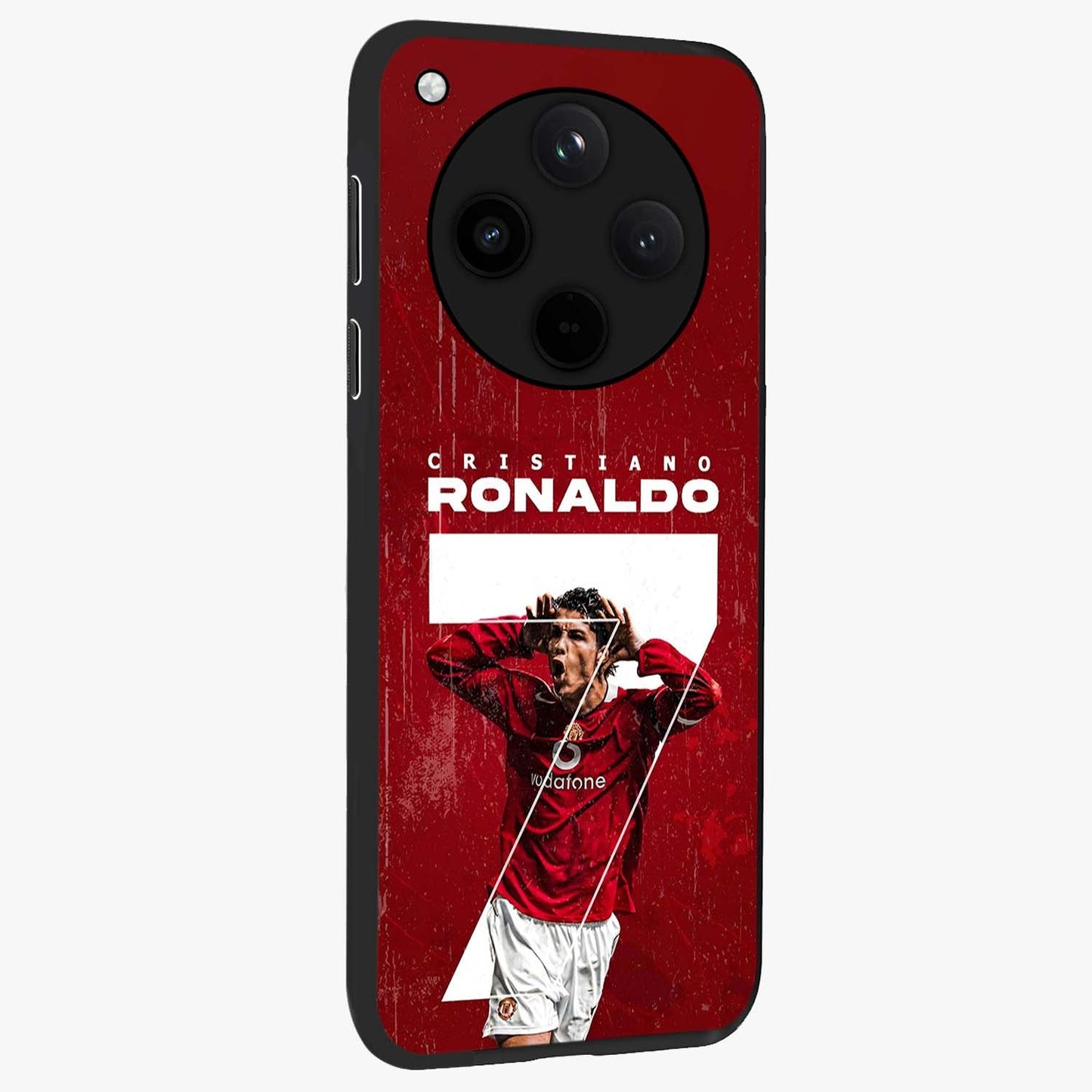 Goal Celebration Legacy Glass Case upright view showcasing dynamic football inspired artwork with victory celebration aesthetic.