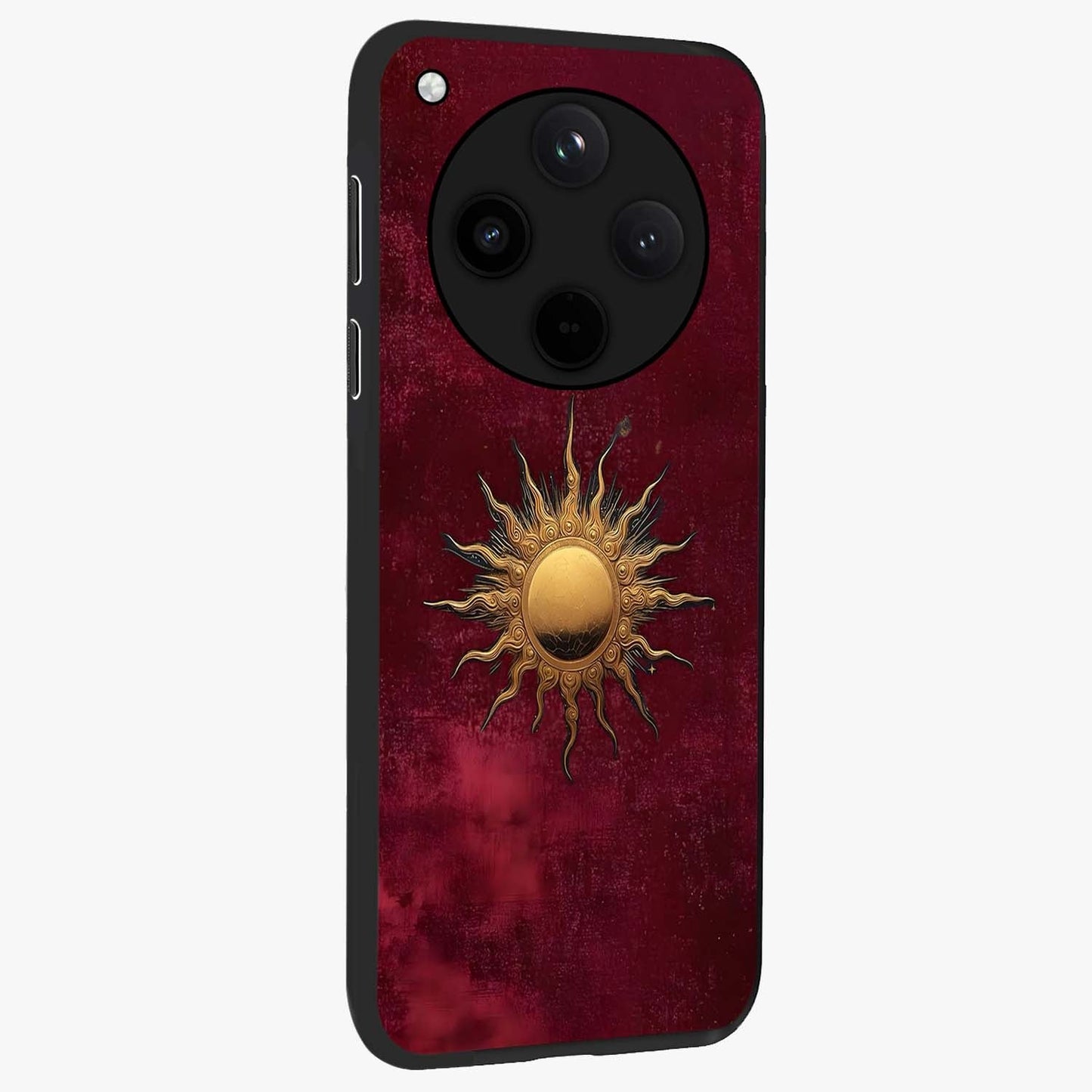 Golden Sun Minimalism Glass Case upright view showcasing simple golden sun artwork with elegant minimalist style.