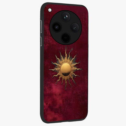 Golden Sun Minimalism Glass Case upright view showcasing simple golden sun artwork with elegant minimalist style.