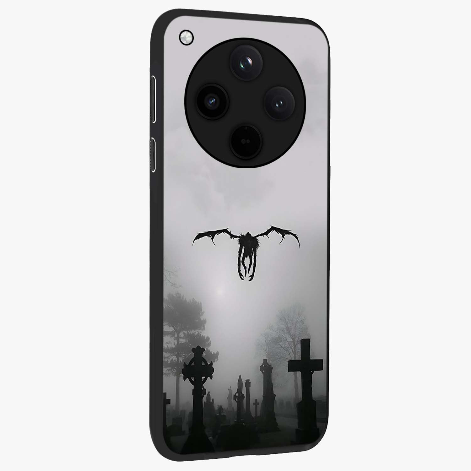 Graveyard Shadow Descent Glass Case upright view showcasing haunting graveyard artwork with dramatic dark theme.
