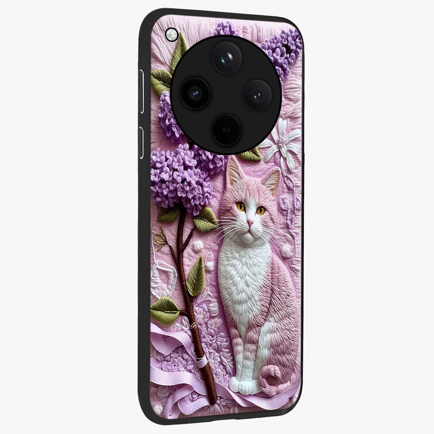 Lavender Cat Whimsy Glass Case upright view showcasing charming cat artwork with whimsical lavender theme.