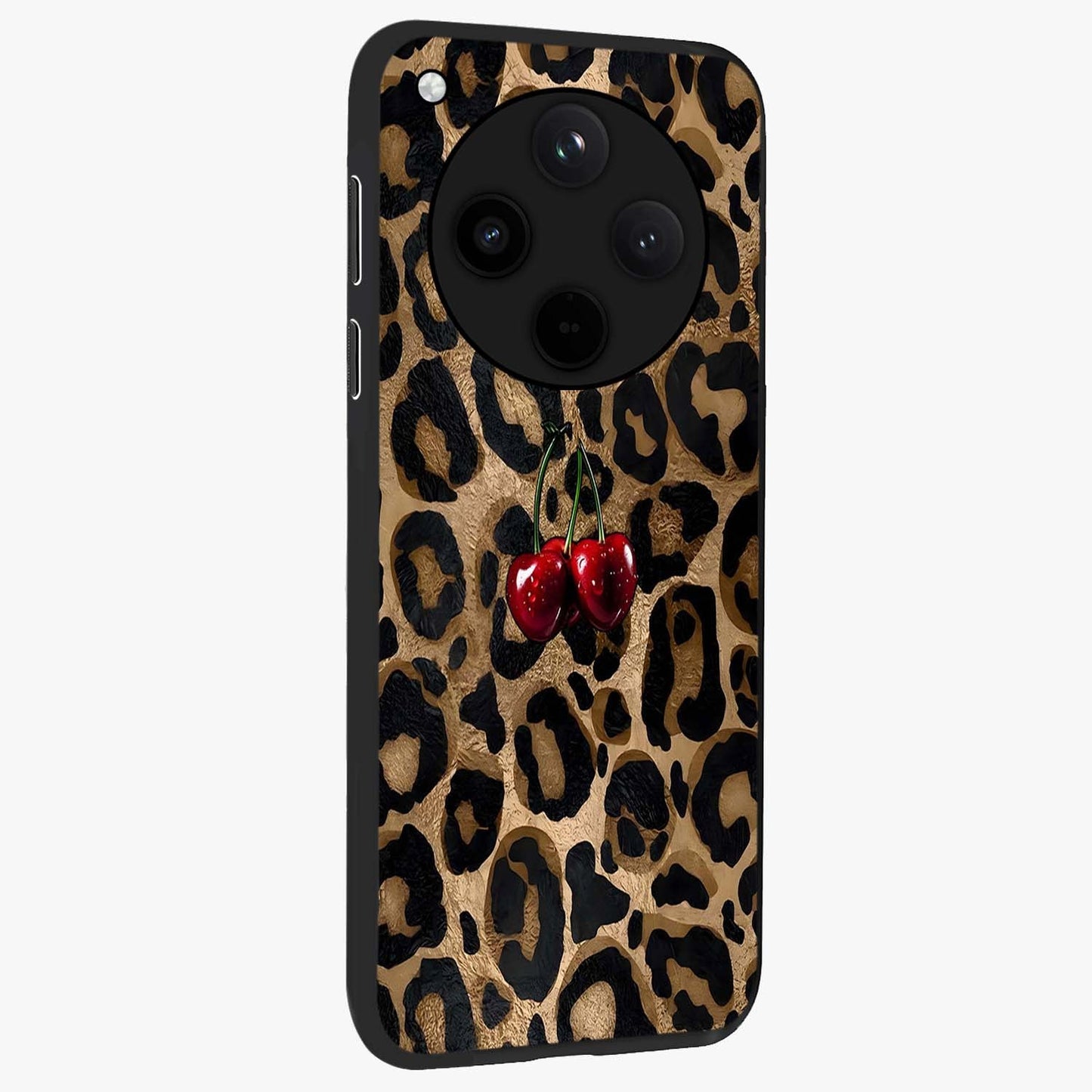 Leopard Wild Cherry Glass Case upright view showcasing stylish leopard pattern artwork with trendy fashion theme.